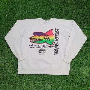 Vintage 90s Brudda Shark Sweatshirt Large 21x23 Neon Surfing